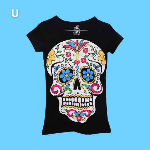 Women, Black printed t-shirt, Skull painted with flowers
