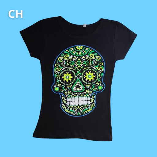 Women, Black printed t-shirt, Green decorated ancestral skull