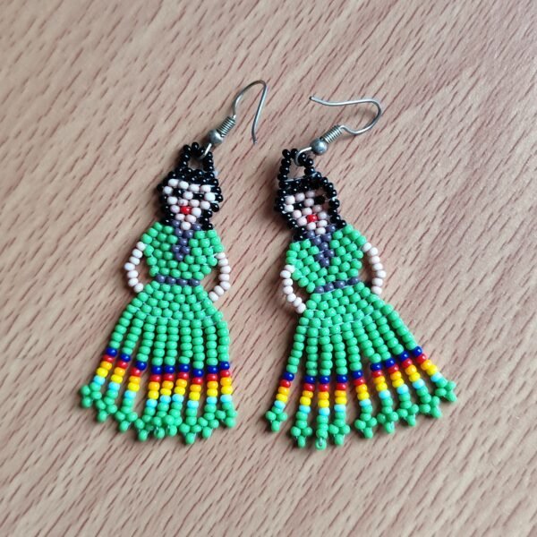 Handmade Mexican earrings, chaquira beads, Green Dolls