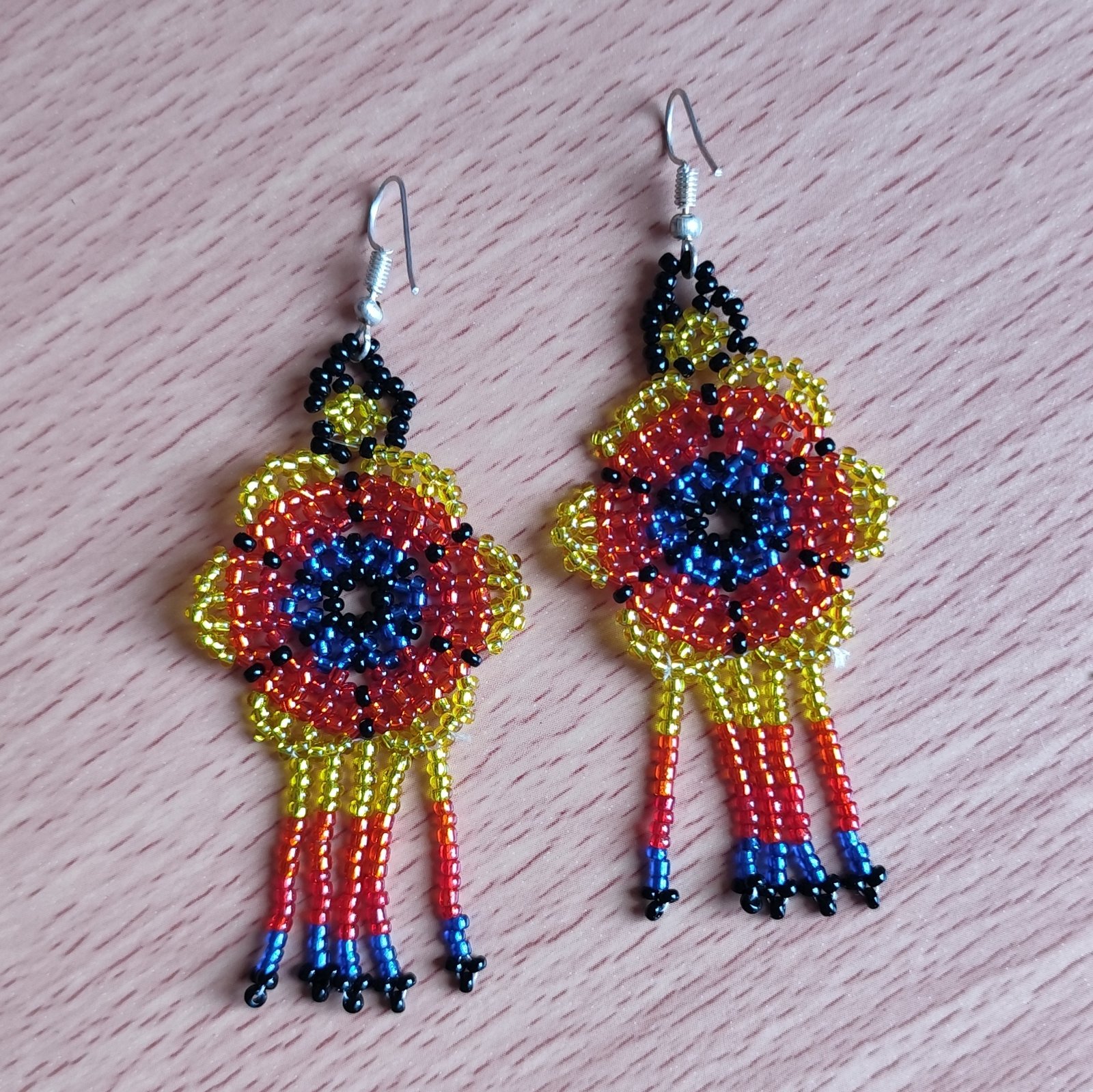 Handmade Mexican earrings, chaquira beads, Yellow and Red Flower