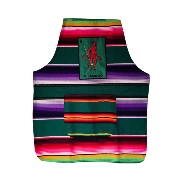 Zarape apron with EL DIABLITO LOTERIA MEXICAN design