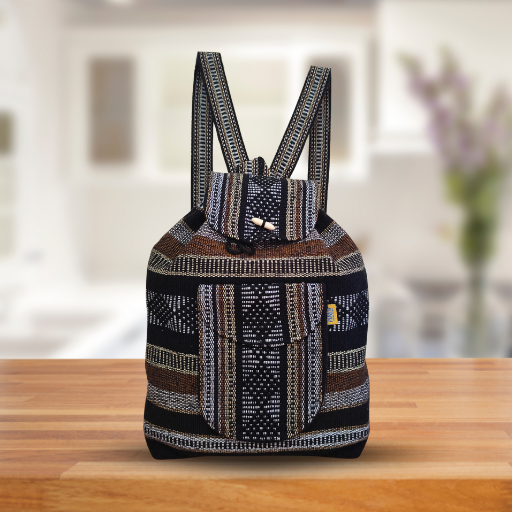 Traditional Mexican colorful embroidered backpack, Black
